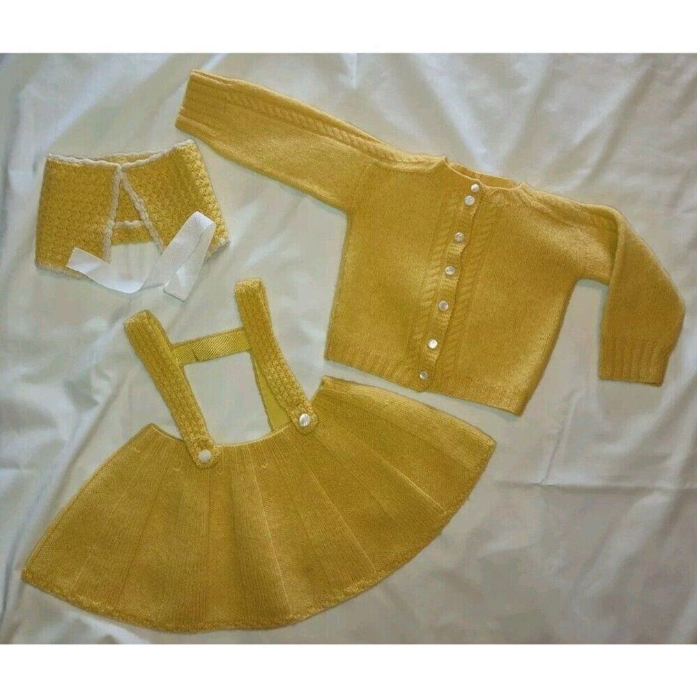 40s/50s Hand-Knitted Cardigan, Skirt Brace, & Bonnet Hat Set Antique Outfit